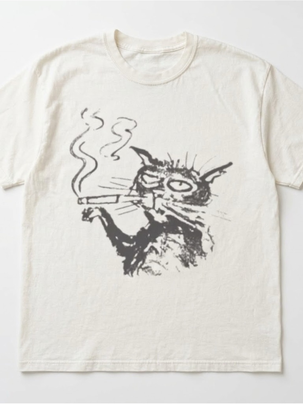 Smoking Cat Sketch Graphic T-Shirt White Gildan Unisex